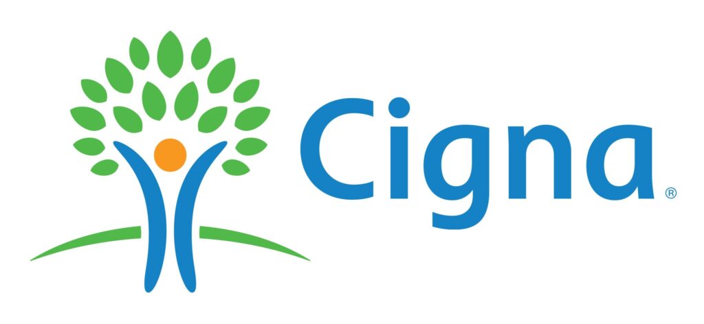 Cigna health insurance logo. Tree icon with person, blue company name. Healthcare provider image.