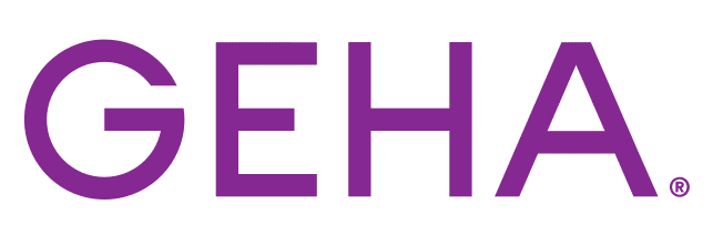 GEHA logo: Purple text on gray background. GEHA, health insurance for federal employees and retirees since 1937.